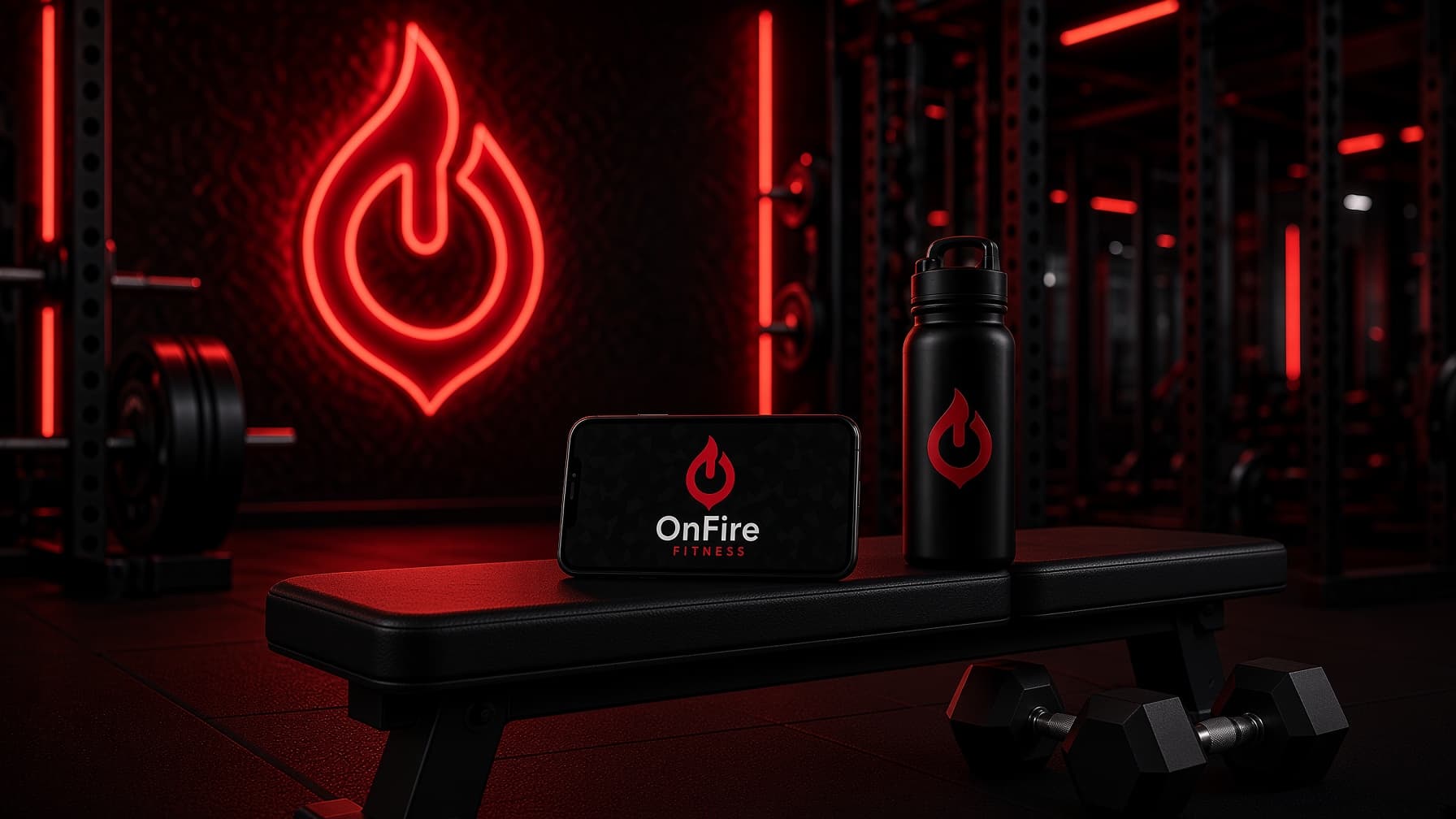 OnFire Fitness gym setup with branded phone and water bottle